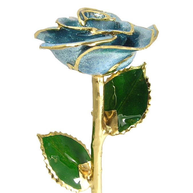 11" 24k Gold Trimmed Light Blue Sparkle Rose