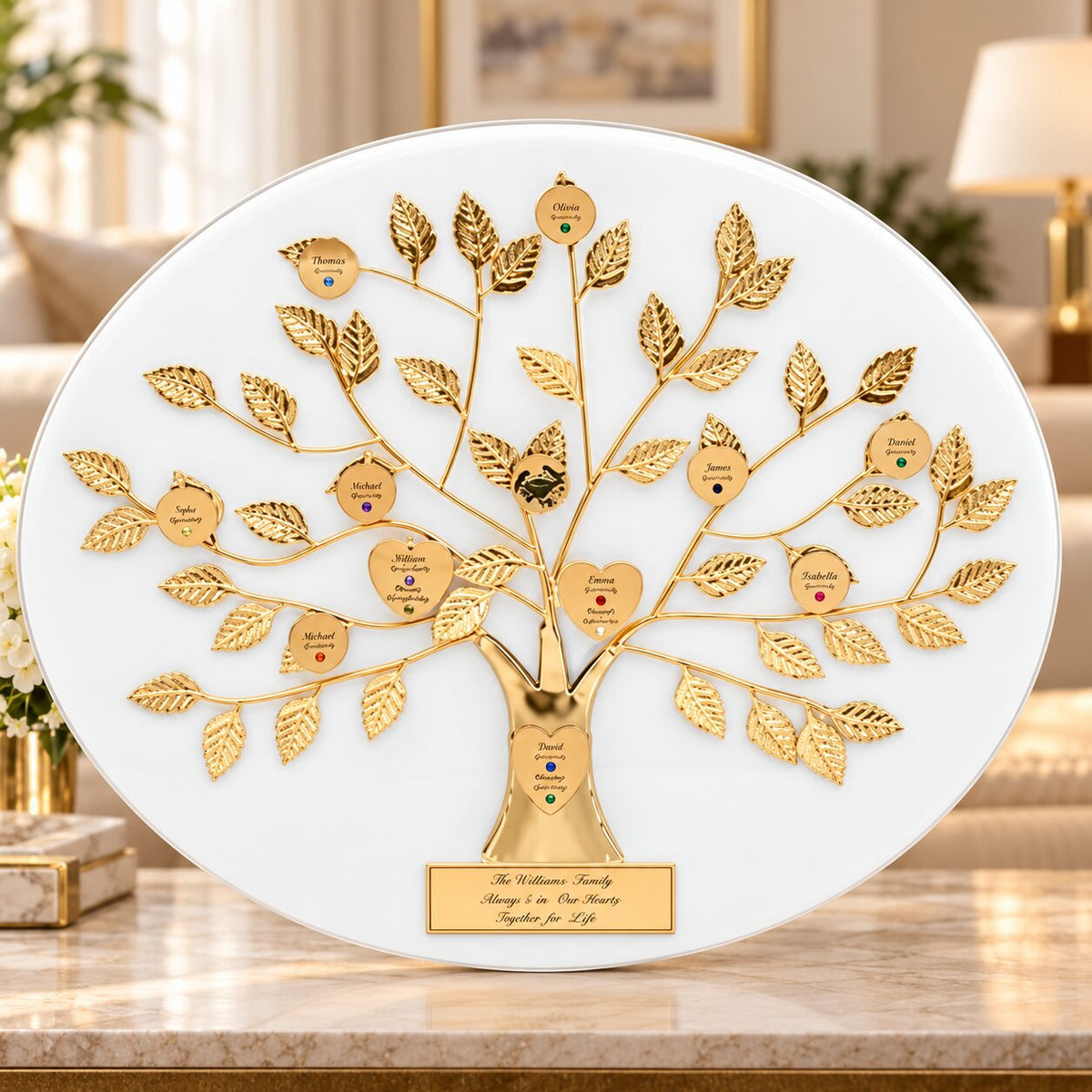 50th Anniversary Gift: Engraved Gold Family Tree on White Plaque