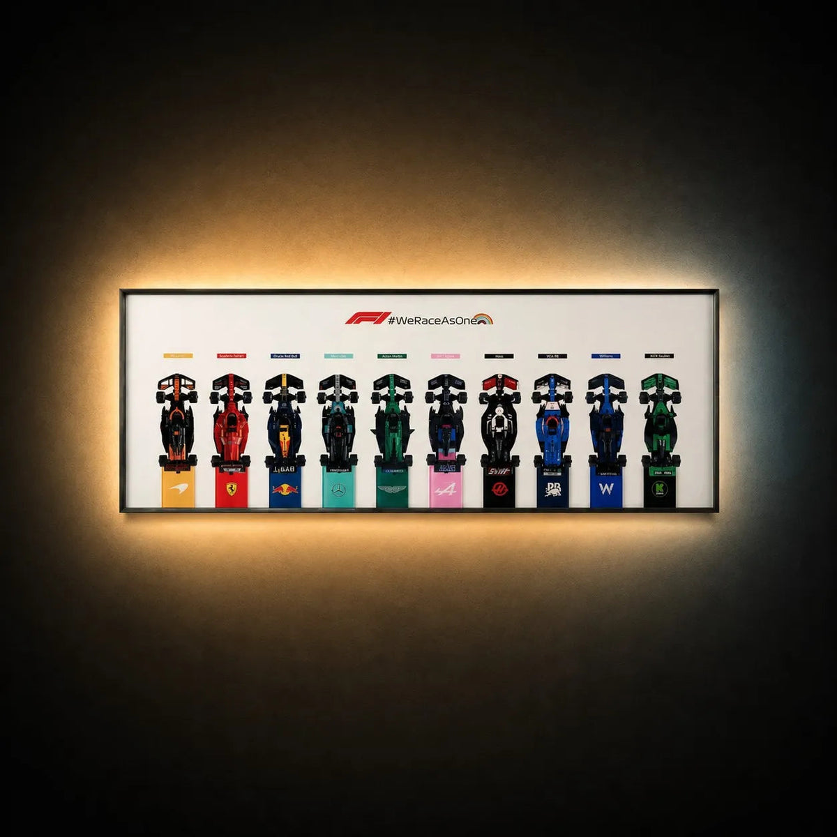 Wall Display Frame for LEGO® Speed Champions F1 10-Car – White - 10 Cars - 47.3 × 17.8 in / Standard Display Edition