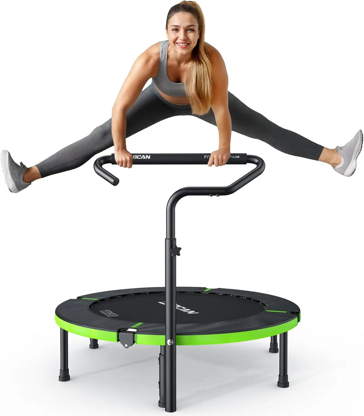 FED Fitness Bcan Series SP3 Foldable Adult Mini Spring Trampoline With Handlebar & Spring Cover - 40" / Black Green / T Handle
